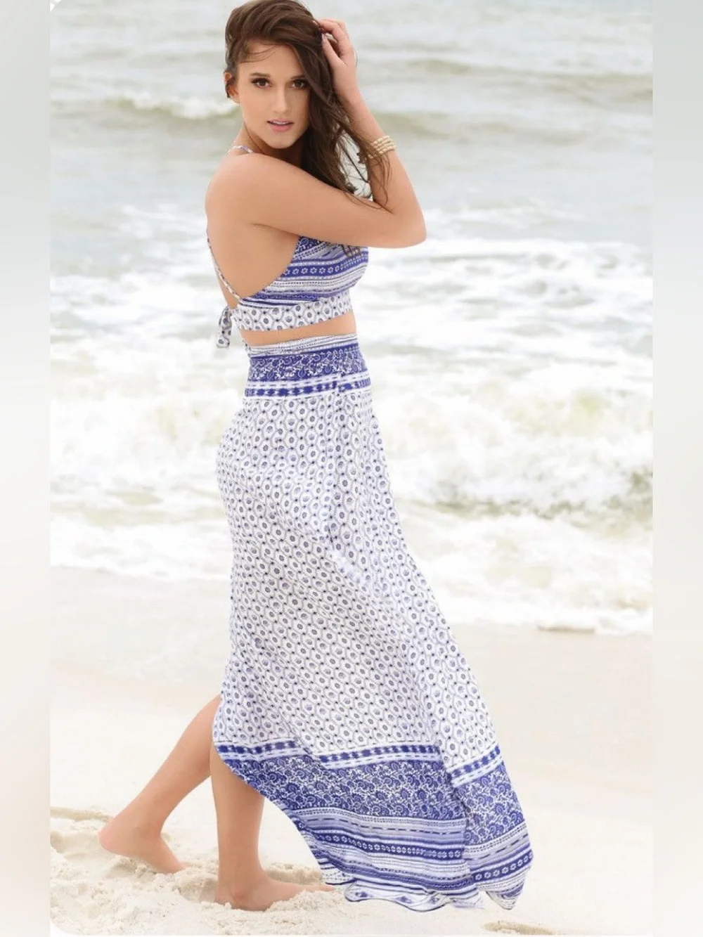 Latiste Miami Blue White Boho 2-Piece Crop Top Maxi Skirt Set M